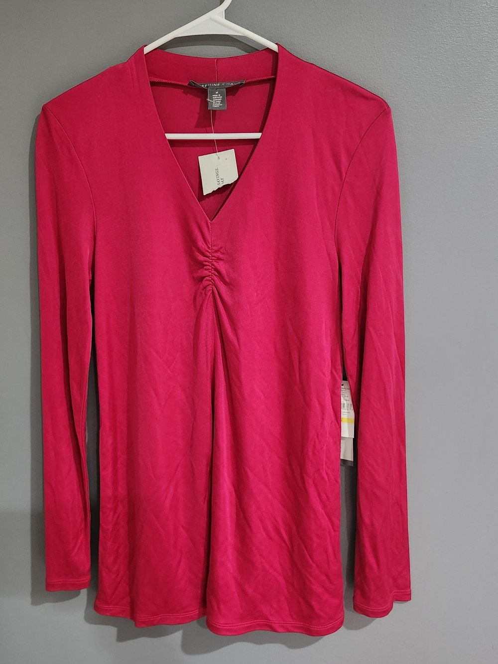 Josephine Chaus Bright Hot Pink V-Neck Long Sleeve Top with Center Shirring SZ M